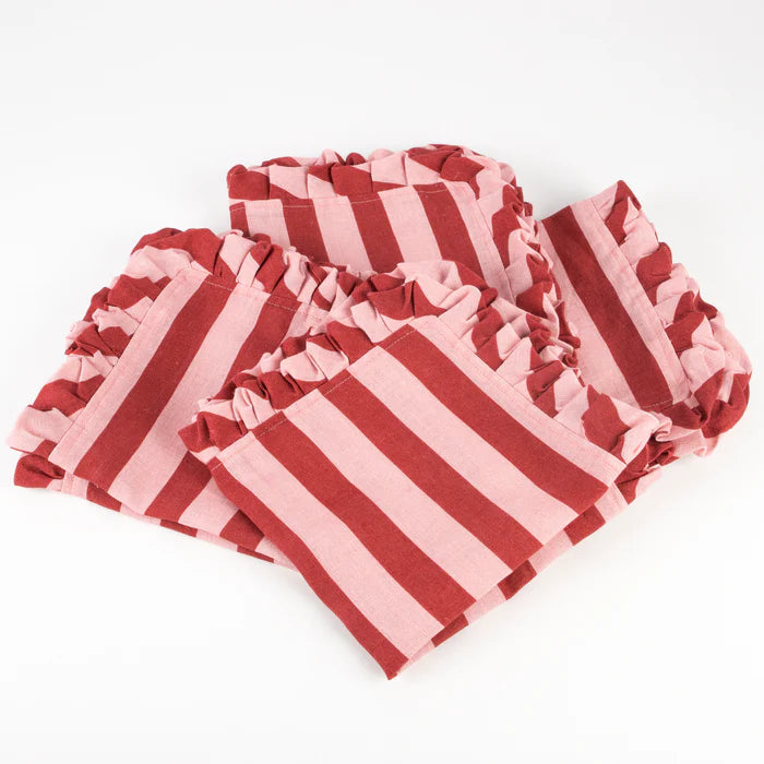 Pink & Red Stripe Ruffle Fabric Napkins- Set of 4