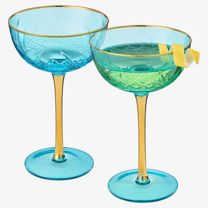 Blue Art Deco Coupe Glasses- Set of 4