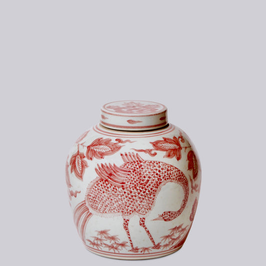 Red and White Porcelain Peacock Lidded Storage Jar