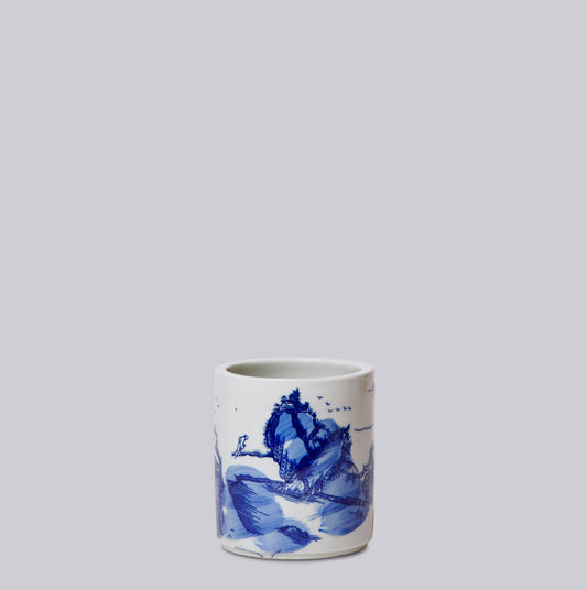 Tiny Blue and White Porcelain Landscape Cachepot