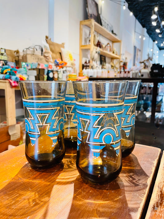 Blue Aztec Glasses- set of 4- Vintage