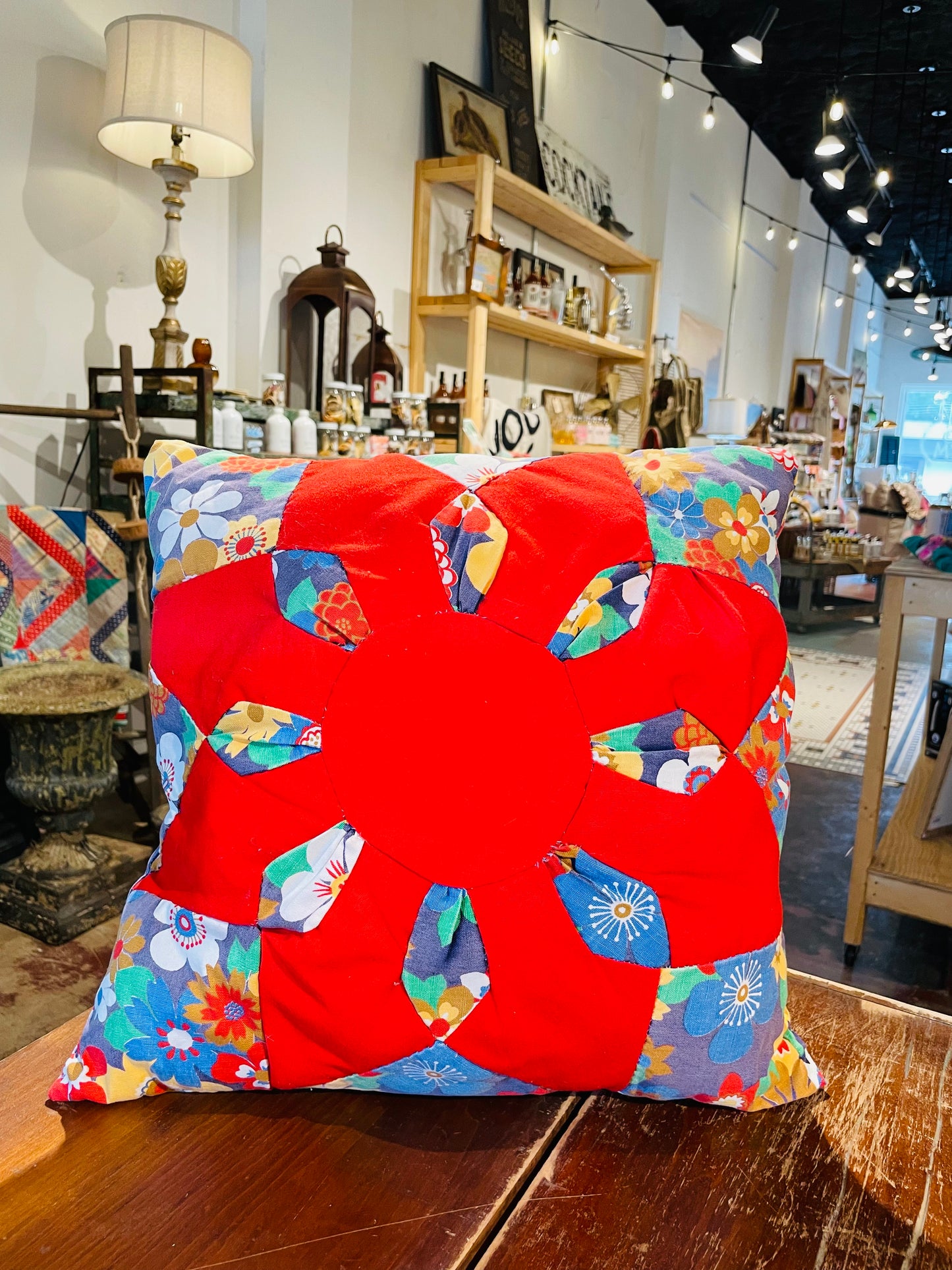 Red Sun Quilt Pillow- Vintage