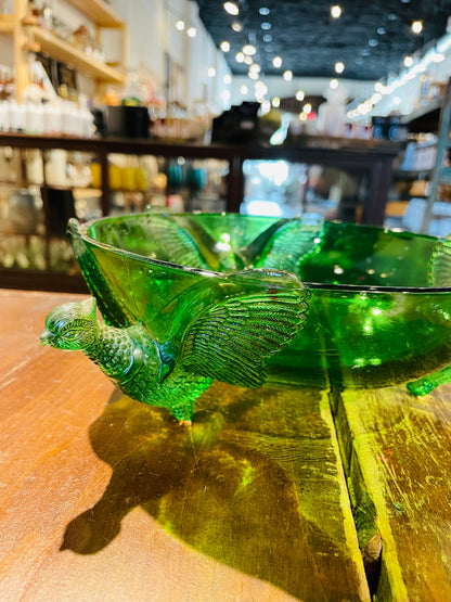 Green Glass Pheasant Bowl- Vintage