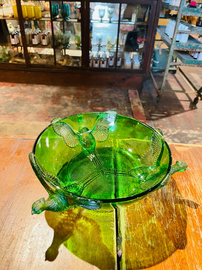 Green Glass Pheasant Bowl- Vintage