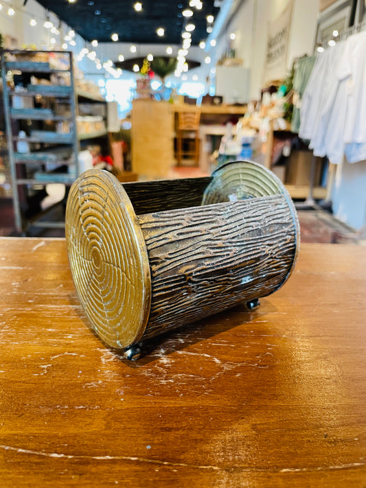 Wood Log Brass Pot- Vintage