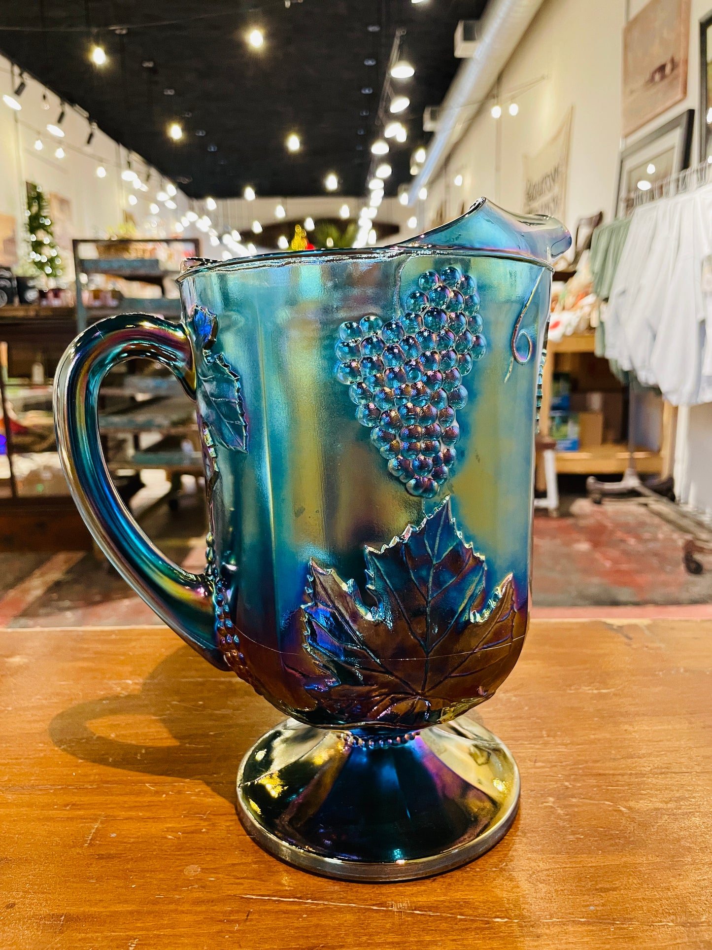 Blue Carnival Glass Pitcher- Vintage