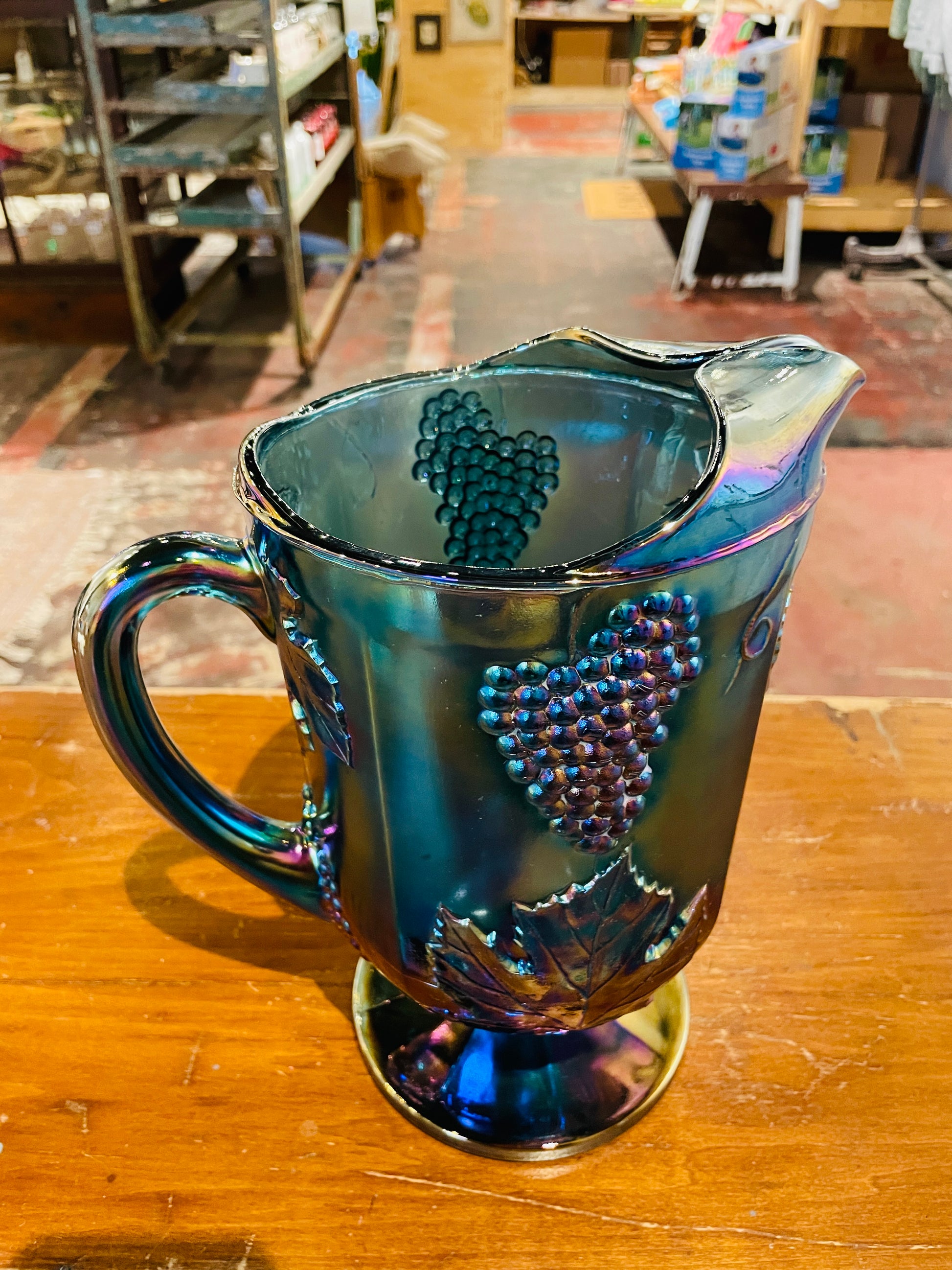 Vintage Indiana Carnival Glass Pitcher, Iridescent Blue Harvest