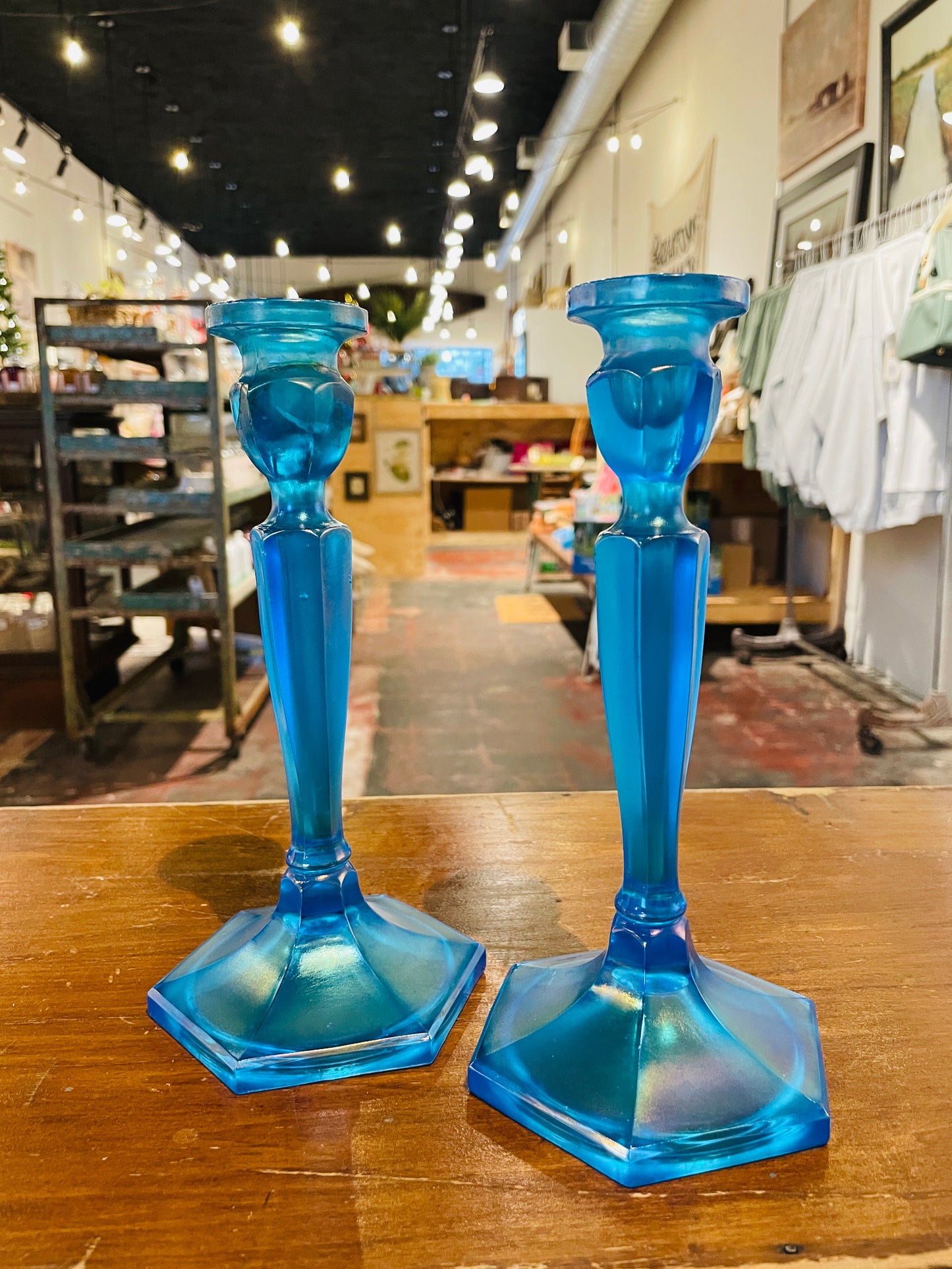 Northwood Blue Candlestick Holders- Set of 2- Antique