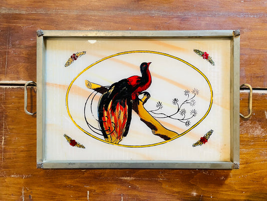 Fowl Painted Glass Tray- Vintage