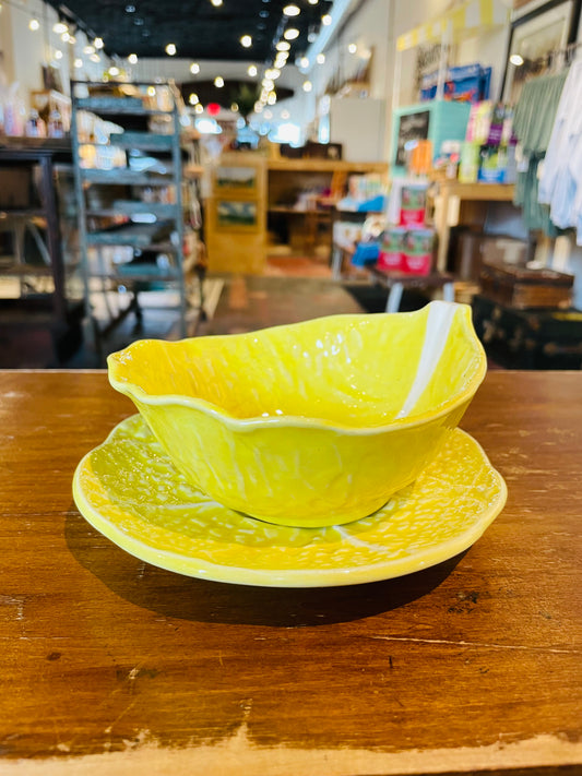 Yellow Secla Majolica Cabbage Bowl & Saucer- Vintage