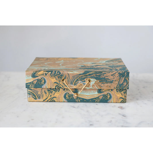 Handmade Recycled Marbled Paper and Cardboard Box with Elastic Cord and Gold Ball Closure